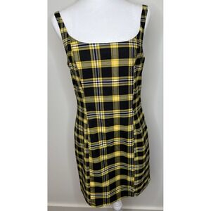 Y2K Mini Dress M Yellow Plaid Academia Preppy Grunge 90's Clueless Halloween Ret